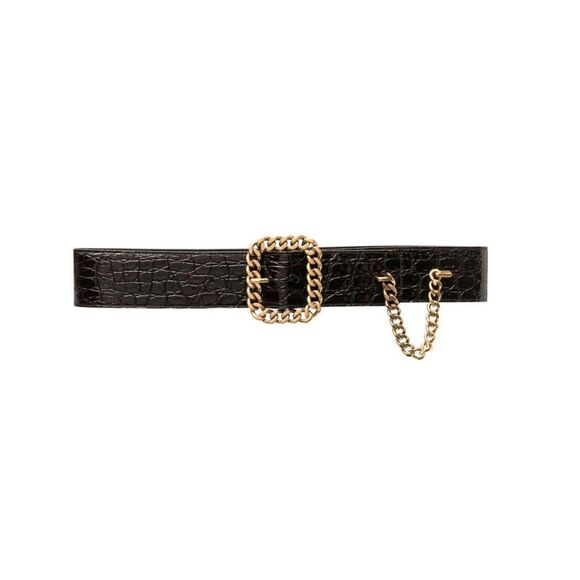 SAINT LAURENT Chain-trimmed Croc-embossed Leather Belt In Dark Brown size 85/34” - Picture 1 of 13
